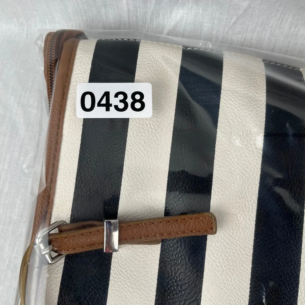 Nine West Tote Bag Black White Striped Faux‎ Leather Tassels Brown Trim